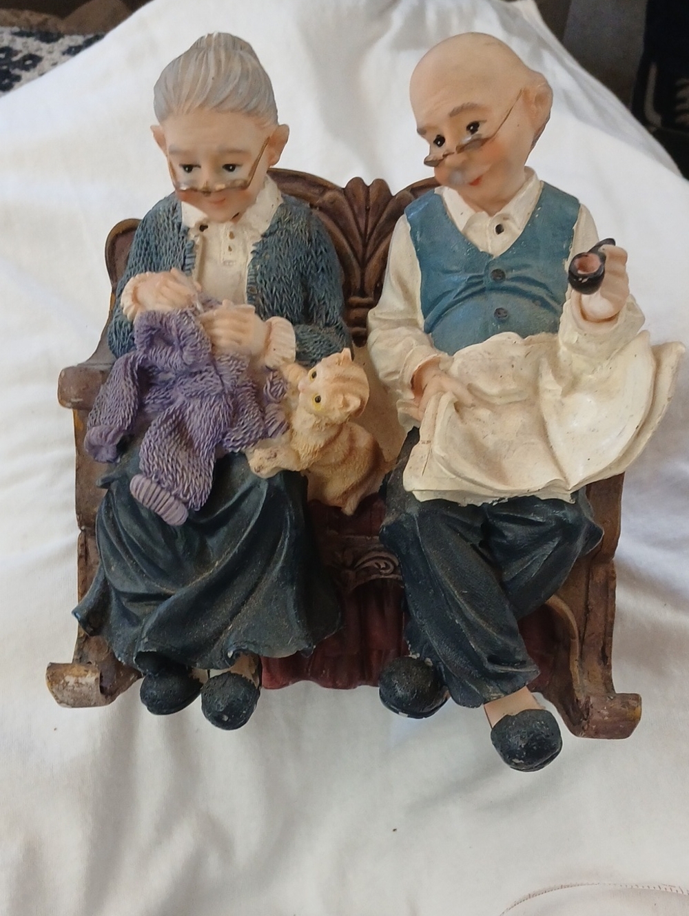 Hand-Painted Elderly Couple Figurine in Blue & Cream